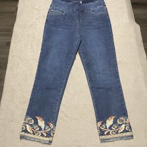 Go Fish Clothing Jeans Womens 8 Denim Pull On Pants Embroidered Art To Wear Boho